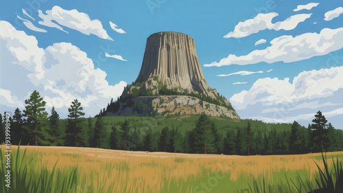 Devils tower national monument wyoming usa scenic landscape with blue sky and white clouds rocky formation grassy field and trees