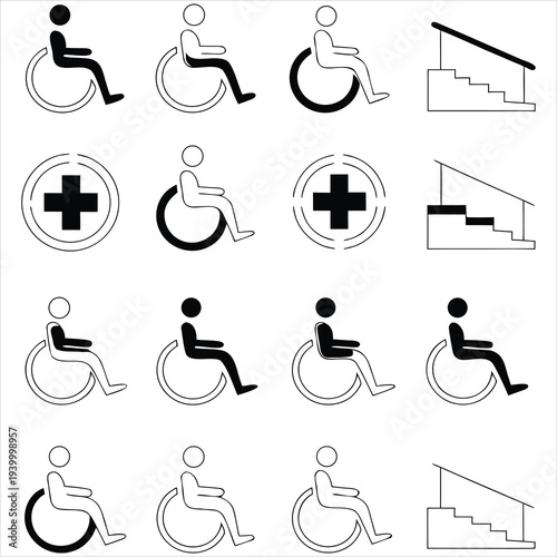 Wheelchair accessibility icons: people in wheelchairs and ramps for disabled access