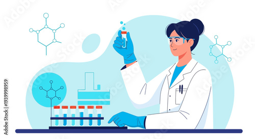 Female scientist in lab coat and gloves examining test tube with liquid, science research concept
