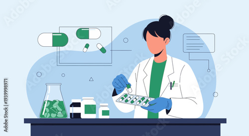 Pharmacist Preparing Medication: Scientist in Lab Coat with Pills and Vials