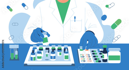 Pharmacist preparing medication with pills and bottles on a desk