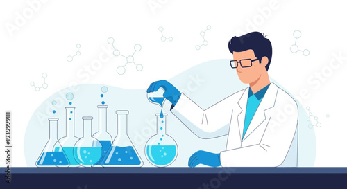 Scientist conducting experiment in laboratory with beakers and flasks