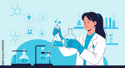Scientist conducting experiment in laboratory with chemical formulas and equipment
