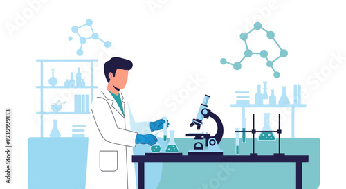 Scientist Conducting Experiment in Laboratory with Microscope and Beakers