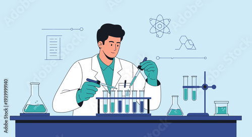 Scientist Conducting Experiment in Laboratory with Test Tubes and Beakers