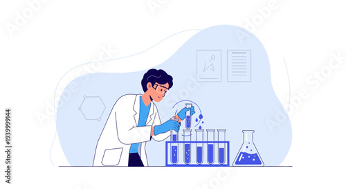 Scientist conducting experiment in laboratory with test tubes and flasks, science research concept