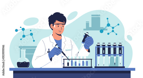 Scientist conducting experiment in laboratory with test tubes and molecules