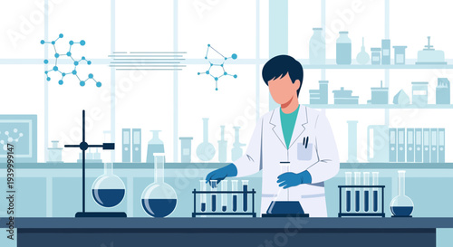 Scientist conducting experiment in laboratory with molecular structures and equipment