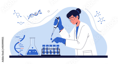 Scientist conducting experiment with DNA and molecules in laboratory, science research concept
