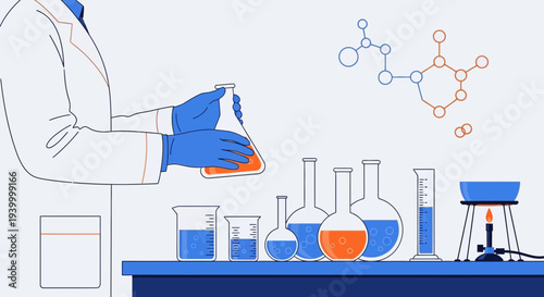 Scientist conducting experiment with flasks and beakers in laboratory, molecular structure illustration
