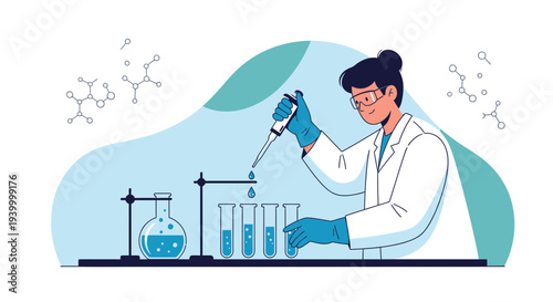 Scientist conducting experiment with pipette and test tubes in laboratory, science research concept