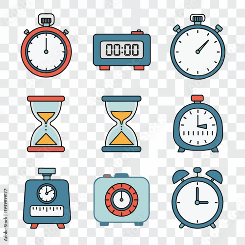 Collection of various timekeeping instruments in a simplistic, outlined style