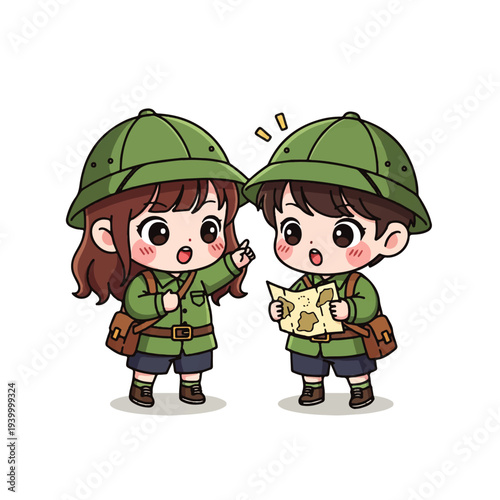 Cute chibi boy and girl explorers wearing safari hats and looking at a map