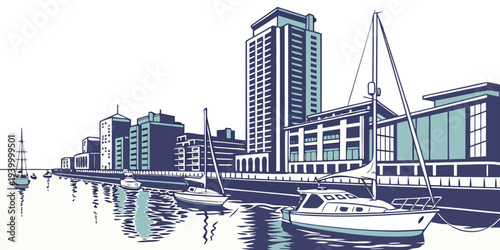  Harbor Skyline with Gradient Reflections Flat Vector 