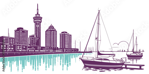  Harbor Skyline with Gradient Reflections Flat Vector 
