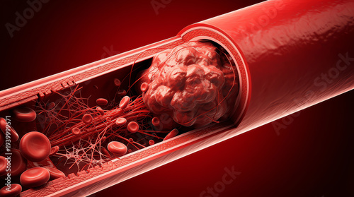 3D illustration of a blood clot inside a blood vessel, showing red blood cells and fibrin strands blocking blood flow