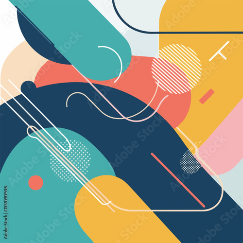 Colorful abstract artwork featuring geometric shapes and musical strings