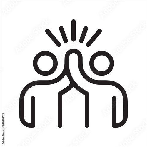 Outline icon two people give high-five or people together holding hands with their hands raised up. Line sign friendly greeting, volunteers, teamwork and support. Vector isolated pictogram.