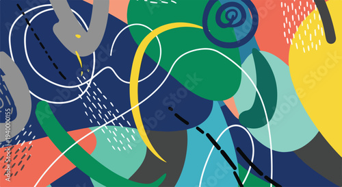 Colorful abstract artwork featuring overlapping shapes, lines, and textures