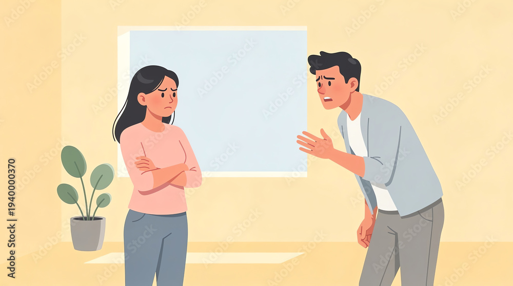 Fototapeta premium A man and woman are having a tense argument indoors, with the woman crossing her arms and the man gesturing as he speaks, showing frustration and disagreement