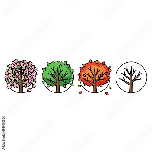 Four Seasons Tree Icons: Spring, Summer, Autumn, Winter