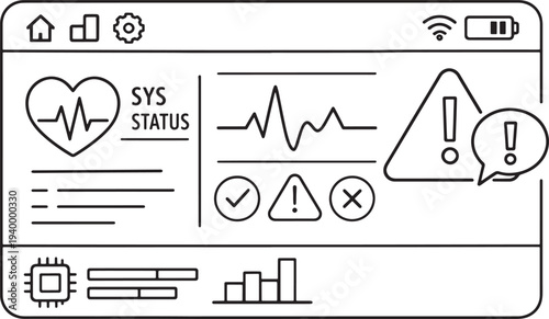 System status icons on a computer screen display  sys status  warning signs