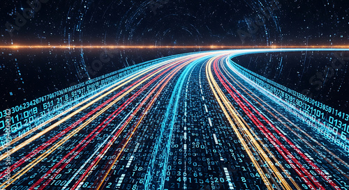 Futuristic digital highway constructed from glowing blue binary numbers and mathematical symbols with vibrant light trails representing rapid vehicular motion in a high-speed data network.