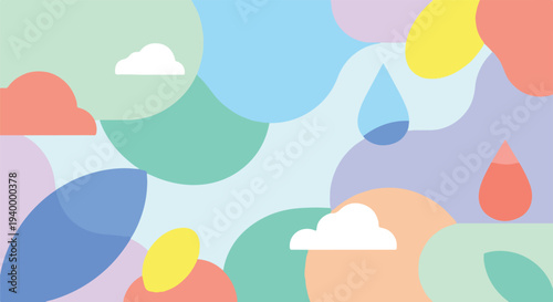 Colorful abstract artwork of clouds, raindrops, and geometric shapes