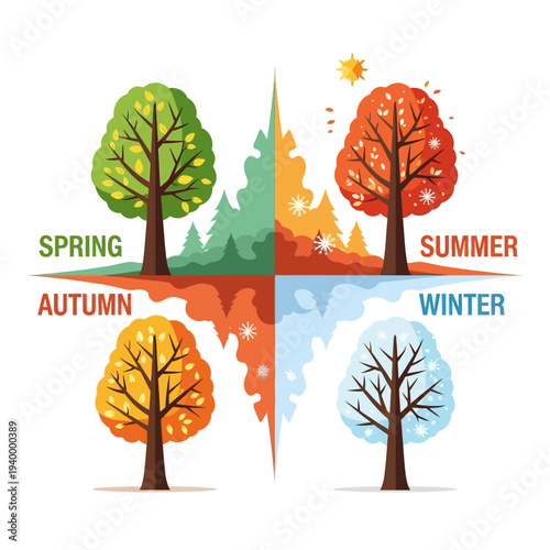Four Seasons Tree Illustration: Spring, Summer, Autumn, Winter Cycle