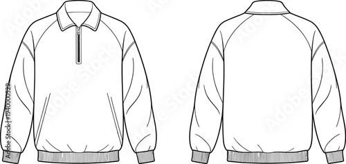 Half Zip Collar Sweatshirt CAD Drawing Flat Vector Illustration, Front and Back Technical Fashion Template Casual Pullover Design