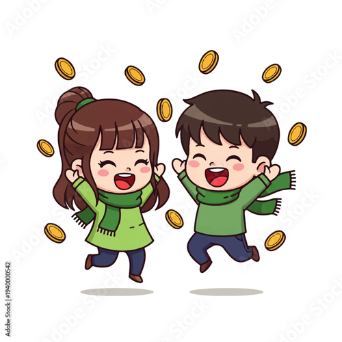 Happy cartoon boy and girl jumping with falling gold coins