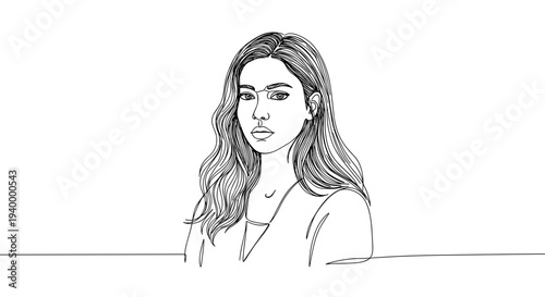 Linear style illustration of a woman with long hair in a thoughtful pose on a transparent background