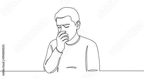 Linear style illustration of a young man sitting pensively with his hand on his chin, on a transparent background, highlighting contemplation in modern design.