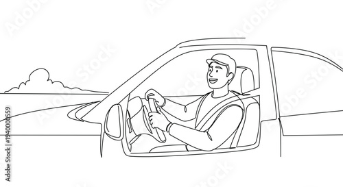 Linear style illustration of a happy man driving a car on a sunny day with scenic landscape in the background, isolated on transparent background