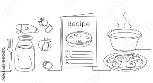 Linear style illustration of recipe book, cooking utensils, ingredients, and plate of food on a transparent background