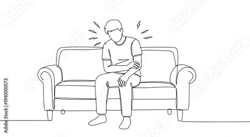 Linear style illustration of a person sitting on a couch feeling anxious in a minimalist room with simple lines and colors on a transparent background