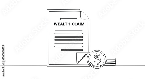 Linear style illustration of a wealth claim document with a dollar sign and money stacks on a transparent background