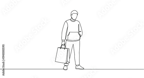 Linear style illustration of a man standing with a shopping bag on a transparent background, wearing casual clothes and exhibiting a relaxed posture