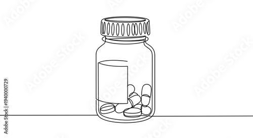 Linear style illustration of a medicine bottle with round pills isolated on a transparent background