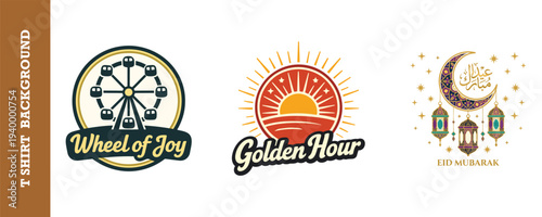 Colorful and vibrant collection of amusement park and eid celebration logos isolated for t shirt designs and branding projects