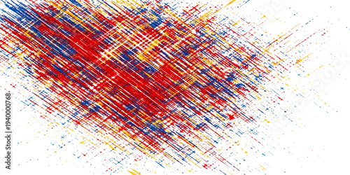 Abstract dynamic strokes of red, blue, and yellow intersect, forming a vibrant visual symphony on a clean backdrop.