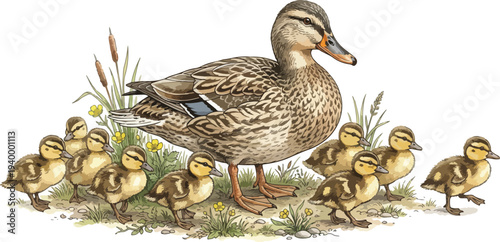 A Detailed Traditional Watercolor Illustration of a Protecting Mother Mallard Duck and Her Ten Active Ducklings Among Reeds, Grass, and Buttercups, 2026 Edition