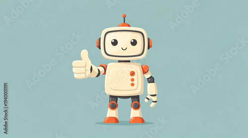 Cute cartoon robot with a smiling face giving a thumbs-up, featuring a retro design with orange and cream colors against a plain blue background
