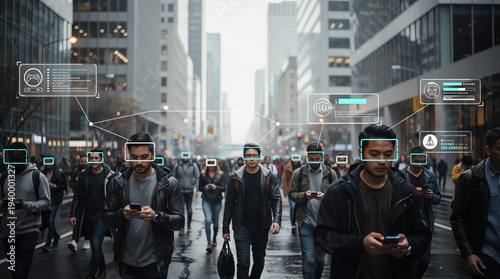 Crowd of people walking through a city street, with digital facial recognition overlays highlighting their faces, symbolizing surveillance and data tracking technology