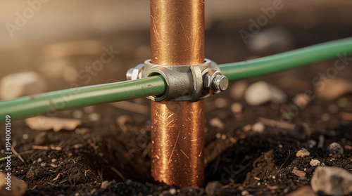 Close-up of a copper grounding rod connected to a green wire with a metal clamp, embedded in soil, highlighting electrical grounding safety in outdoor environments