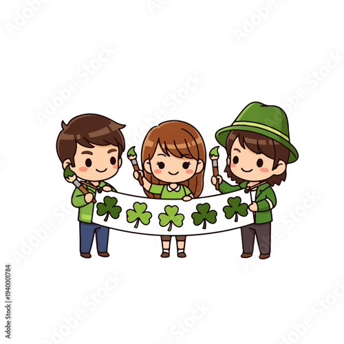 Cute cartoon children painting shamrocks for st patricks day celebration