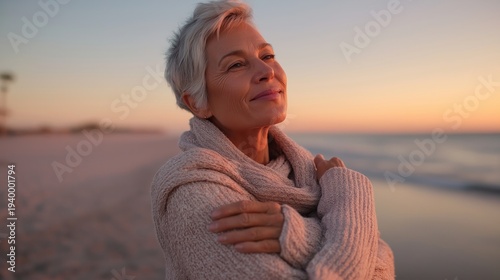 Hopeful Middle Aged Woman Standing on Beach Embracing Herself and Smiling Toward the Sea Symbolizing New Beginnings and Meaningful Living