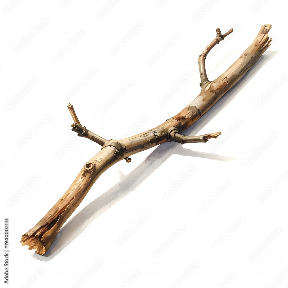 Obraz premium Single broken twig, naturally aged, lies on white surface, casting shadow, ready for examination