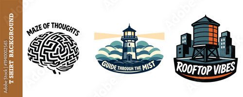 Creative collection of three vibrant logos featuring maze brain lighthouse and water tower designs perfect for t shirts and apparel printing projects