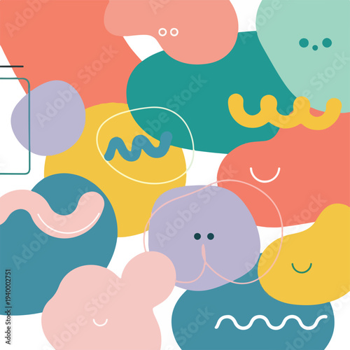 Colorful, abstract composition featuring playful organic shapes and whimsical smiles